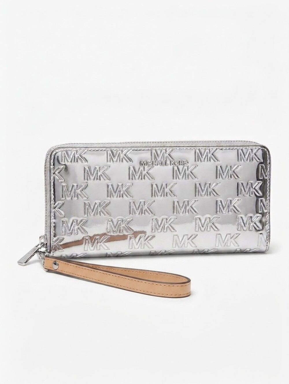 Michael Kors Jet Set Large Patent Logo Embossed Continental Wallet In Silver